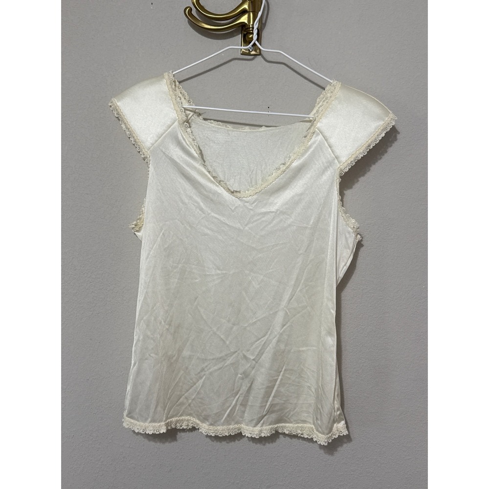 Vanity Fair Shoulder Pad Cami Tank Top Womens 32 Ivory Vintage Lace Trim